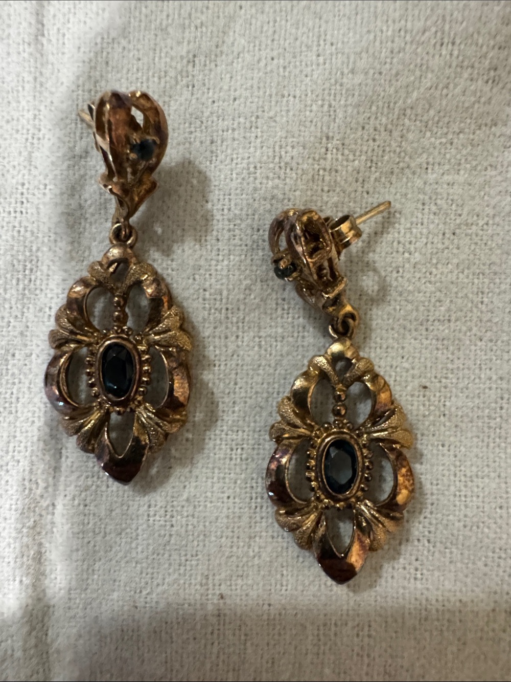 Gold-Tone Filigree Drop Earrings with Green Stone